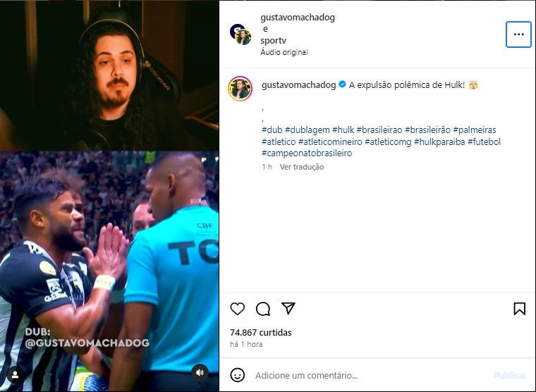 Dublador reproduz falas de Hulk na expulsão contra o Palmeiras